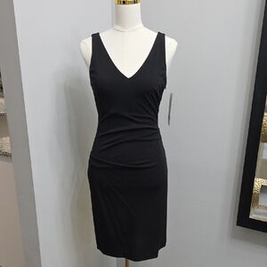 Nicole Miller Vintage 90s Black V-Neck Draped Midi Sheath Dress